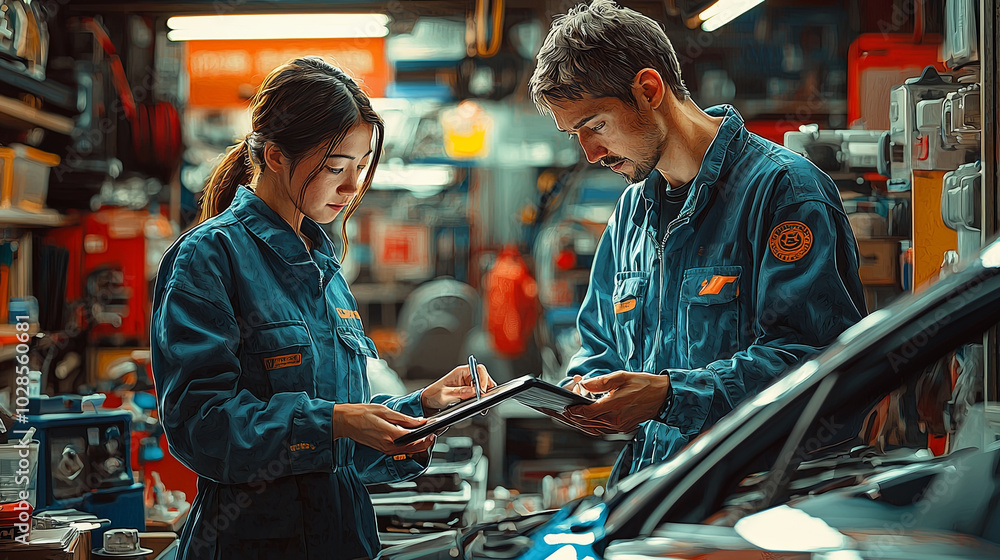 Two mechanics in work attire examine a clipboard amid an active auto workshop, reflecting teamwork and expertise in vehicle maintenance and repair tasks. Two mechanics in work attire examine a clipboard amid an active auto workshop, reflecting teamwork and expertise in vehicle maintenance and repair tasks.