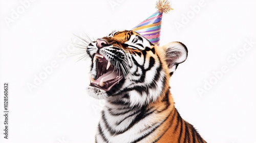 Joyful Tiger Wearing Party Hat Smiling Happily