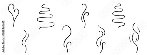Doodle smoke, Steam design elements. hand drawn Aromas vaporize icons. Line smells set, vapor, aroma, stink, odors symbols. Vector collection isolated on transparent background