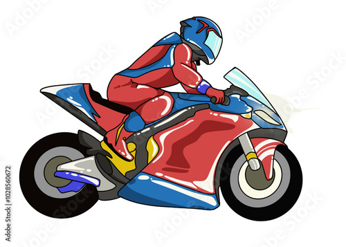 Design of a grand prix racing motorbike in red and blue. Perfect for stickers, icons, logos