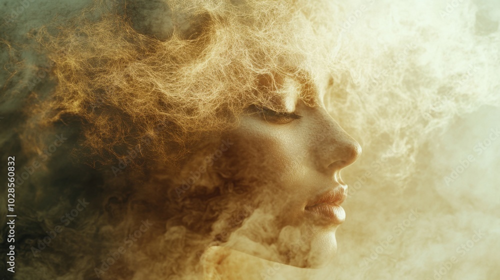 Blend of human and lions mane fungus in surreal art portrait Blend of human and lions mane fungus in surreal art portrait