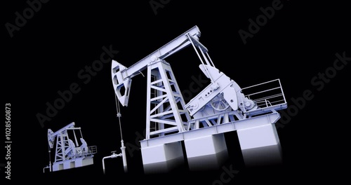 Looped 3D animation of pumping Oil Rig оn a dark background. Alpha matte included. Pumping jack for extracting crude oil from an oil well. Fossil fuel energy. Energy supply crisis. 