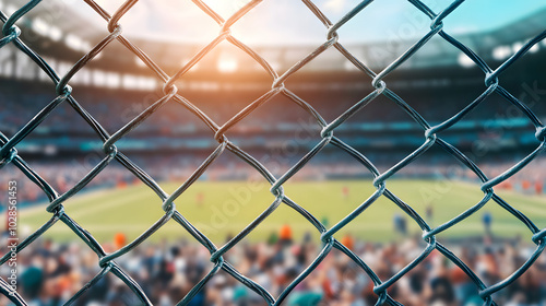 Ebullient Sports Atmosphere Captured: A Metal Chainlink Fence with a Hole Revealing a Blurred Stadium Full of Fans photo