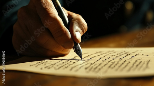 Judge’s hand writing a verdict, with the pen’s ink leaving a strong, dark trail on the paper