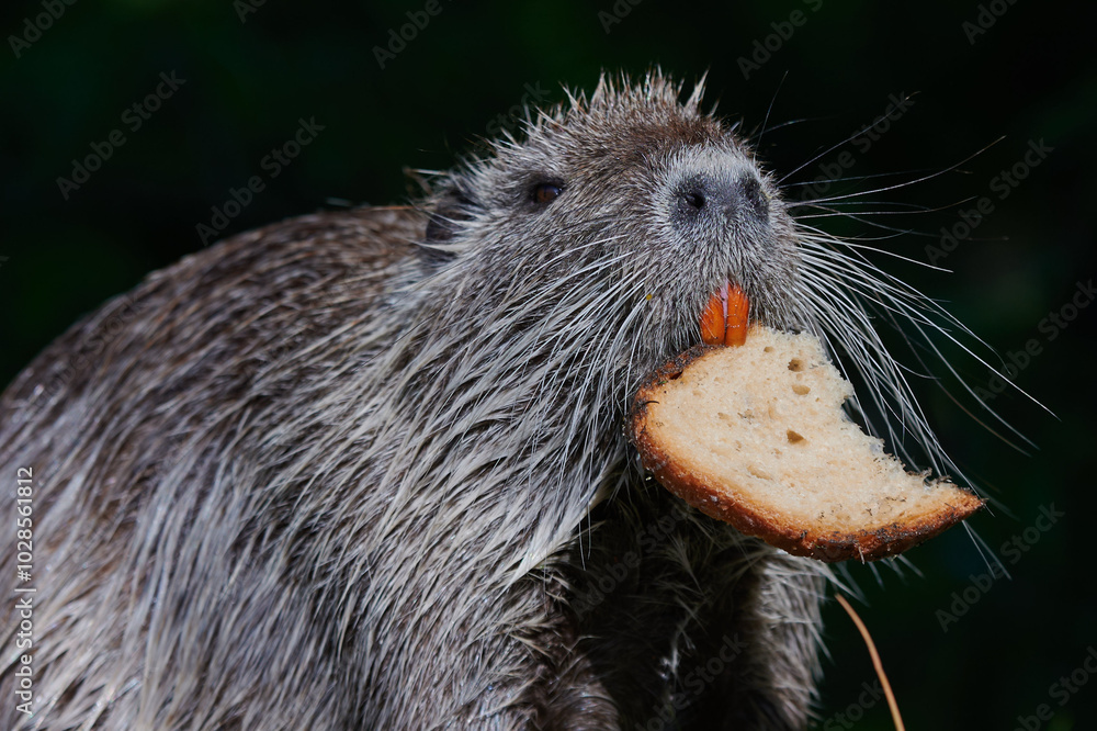 Close-up shot of a nutria nibbling on a slice of bread, showing its sharp orange teeth and bristly whiskers, standing out against the dark background, highlighting its eating habits.