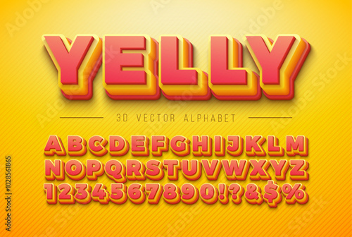 Vector 3d Multi Layered Plexiglass Effect Alphabet Font Set with Shadow on Yellow Background. Modern Typeface Design Collection with ABC, Number and Special Characters for Banner, Poster or Invitation photo