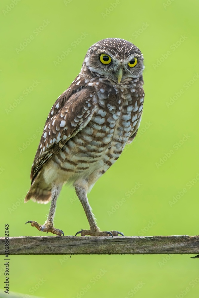 Fototapeta premium Burrowing owl perched on a wooden fence.