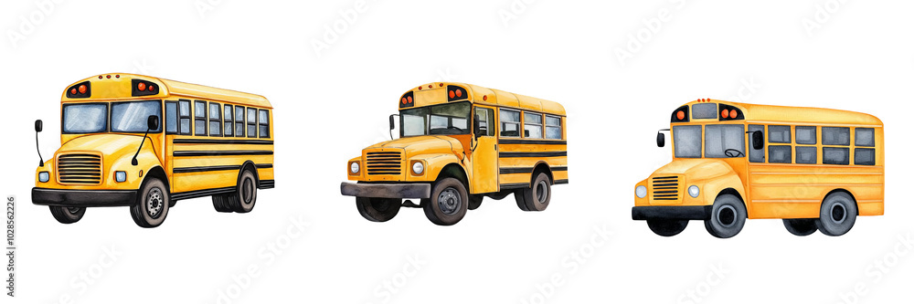 Collection of yellow school buses on a white isolate background., transparent background. Collection of yellow school buses on a white isolate background., transparent background.