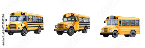 Collection of yellow school buses on a white isolate background., transparent background.