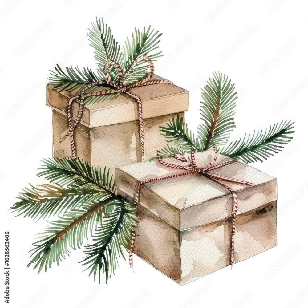 Festive Holiday Gift with Evergreen Branches and Red Berries Watercolor Illustration Festive Holiday Gift with Evergreen Branches and Red Berries Watercolor Illustration