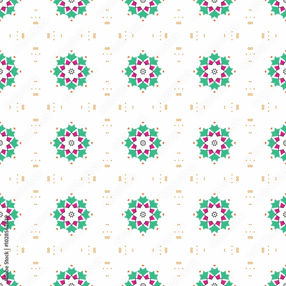 Seamless geometric pattern in green, pink, and orange on white. Seamless geometric pattern in green, pink, and orange on white.