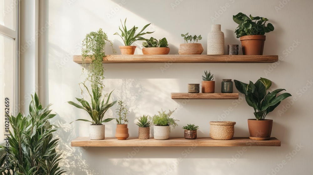 Wooden Shelves with Greenery and Pots in a White Room Wooden Shelves with Greenery and Pots in a White Room