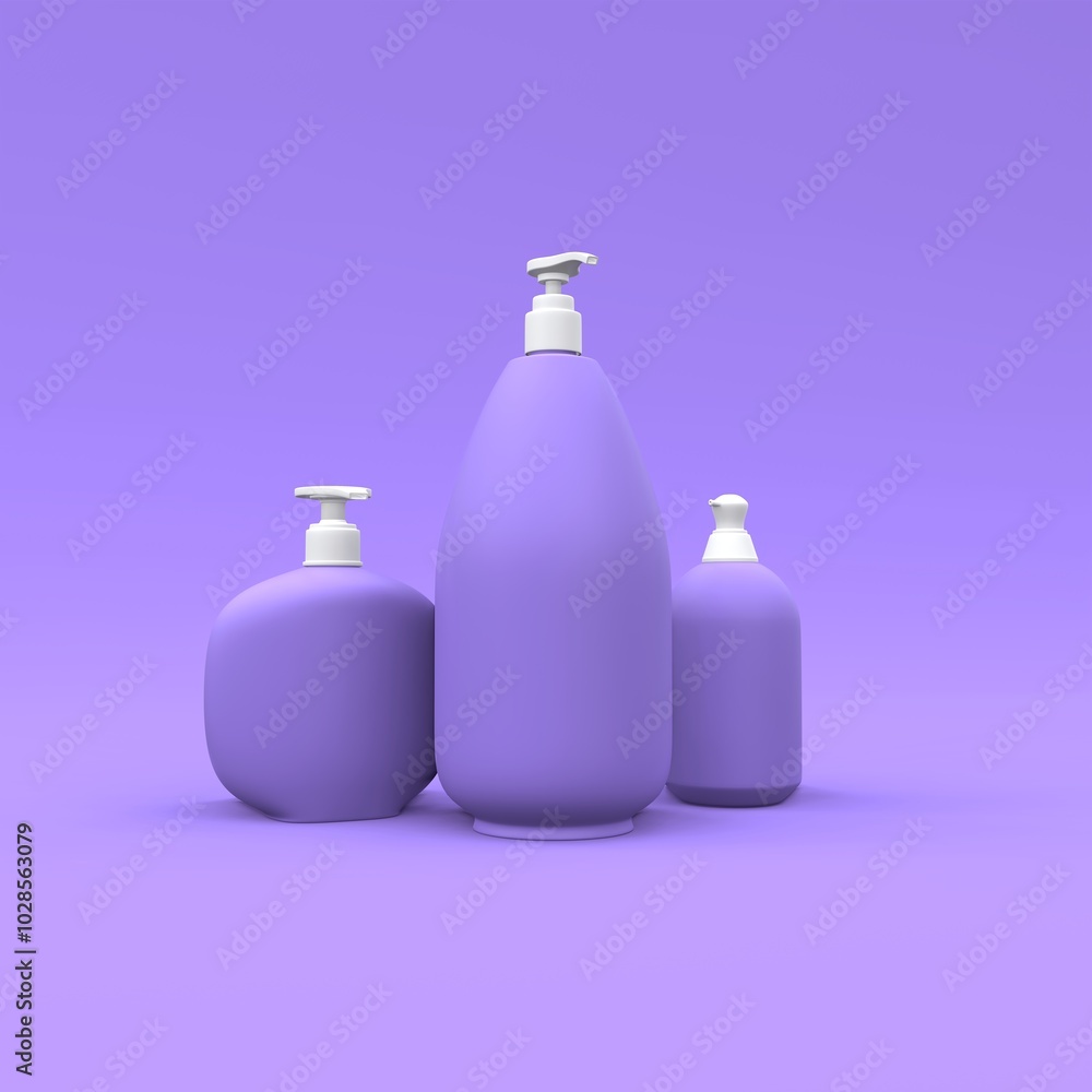 Elegant cosmetic bottles on purple background. Modern cover design. 3d illustration. Elegant cosmetic bottles on purple background. Modern cover design. 3d illustration.