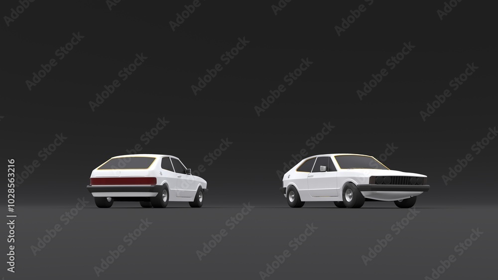 Cool looking old fashion cars, studio render on black background. Bright modern car design. 3d illustration. Cool looking old fashion cars, studio render on black background. Bright modern car design. 3d illustration.