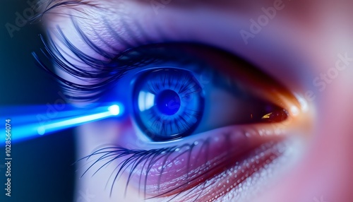 A closeup of a blue digital cyber electronic light beam on a human eye