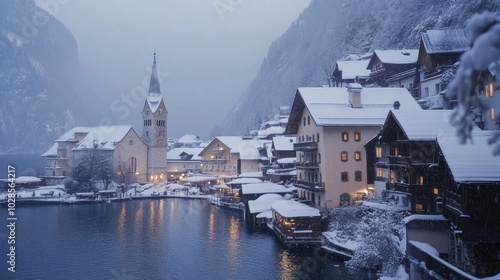 Snowy Village by the Lake with a Church Steeple