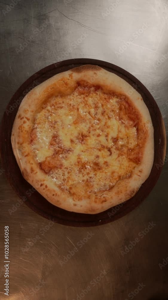 Vertical top view of chef putting fresh, hot pizza on round wooden board, over metal table Vertical top view of chef putting fresh, hot pizza on round wooden board, over metal table