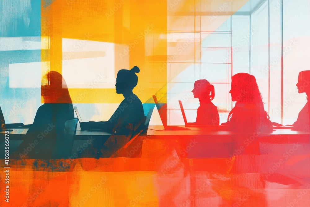 Minimalist illustration of team collaboration concept in modern work environment Minimalist illustration of team collaboration concept in modern work environment