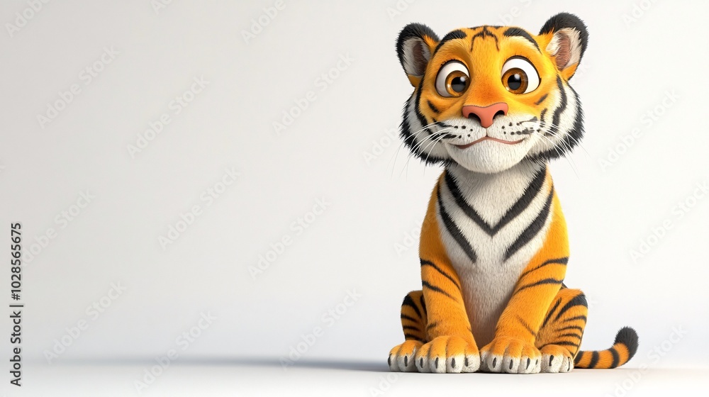 Cartoon Tiger Sitting Patiently with Big Eyes Cartoon Tiger Sitting Patiently with Big Eyes