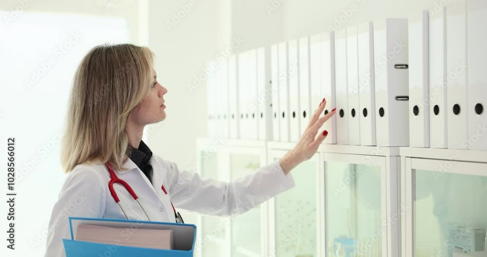 Doctor takes white folder with rings from shelf. Woman in medical uniform searches for archival materials in clinic room Doctor takes white folder with rings from shelf. Woman in medical uniform searches for archival materials in clinic room