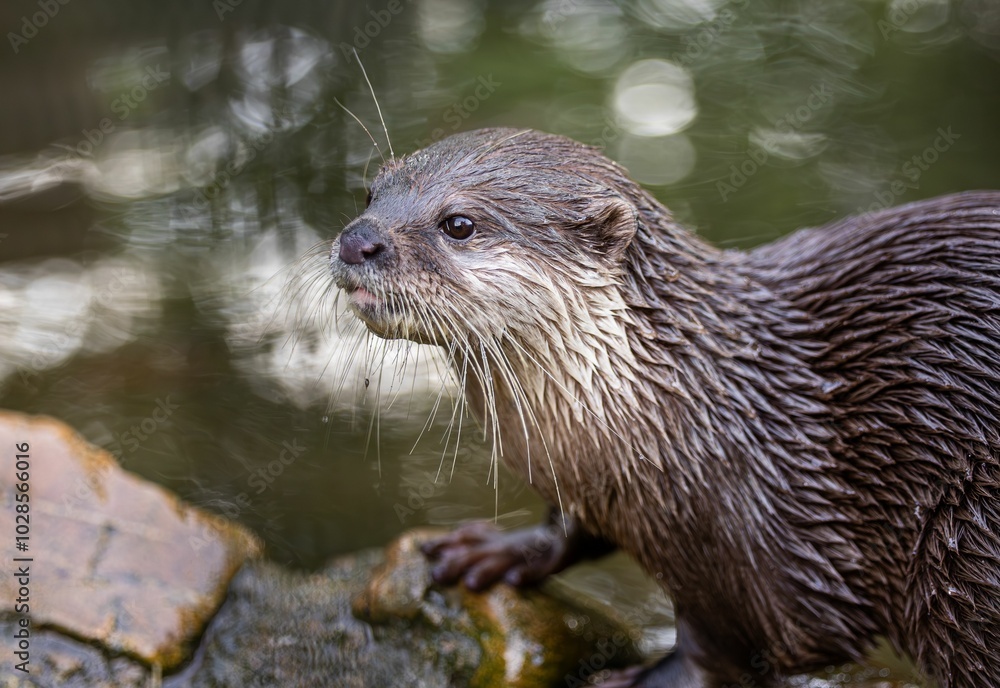 Close-up of a wet otter on a rock by water Close-up of a wet otter on a rock by water