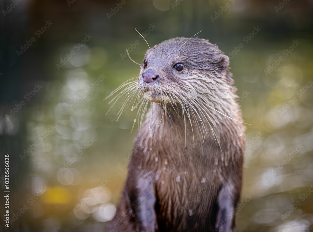 Fototapeta premium Close-up of a wet otter against a natural background.