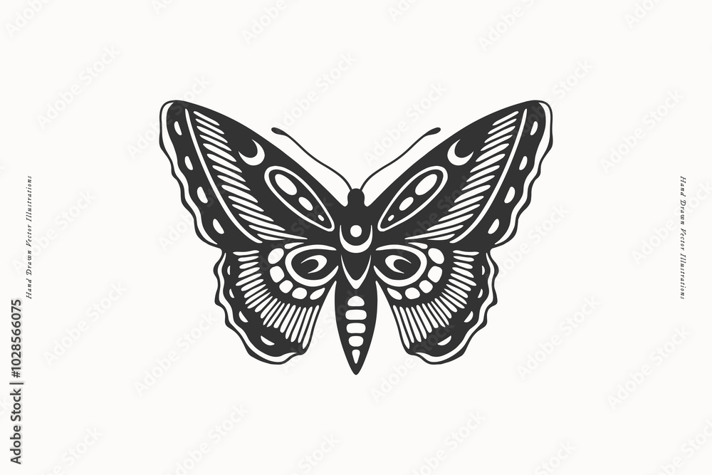 A detailed black and white vector illustration of a butterfly with intricate wing patterns. Ideal for nature-themed designs, tattoos, and artistic projects. A detailed black and white vector illustration of a butterfly with intricate wing patterns. Ideal for nature-themed designs, tattoos, and artistic projects.