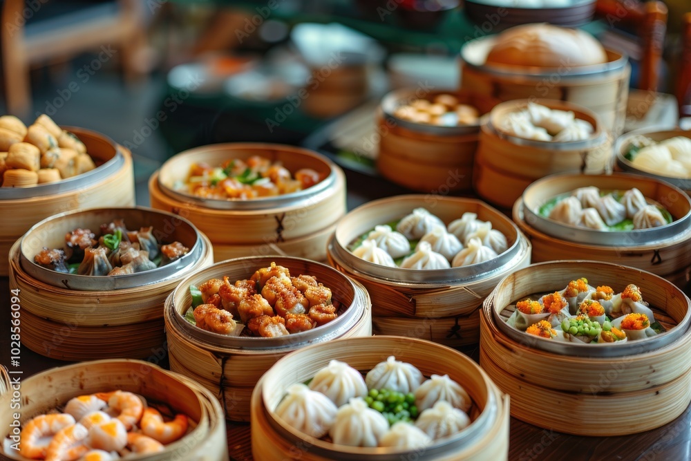 Assorted Dim Sum in Bamboo Steamers at a Traditional Asian Market Assorted Dim Sum in Bamboo Steamers at a Traditional Asian Market