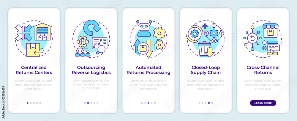 Fototapeta premium Reverse logistics strategies onboarding mobile app screen. Walkthrough 5 steps editable graphic instructions with linear concepts. UI, UX, GUI template. Montserrat SemiBold, Regular fonts used