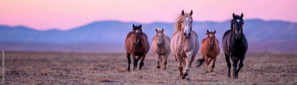 Obraz premium A stunning scene of horses running across an open field during sunset, showcasing power and beauty in nature.