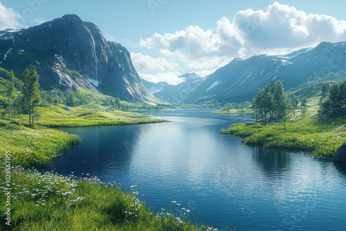 A calm river winding through a valley under a clear blue sky evokes a sense of peace and natural beauty. Concept of beauty in nature. photo