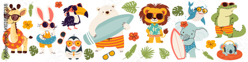 Set of vector illustrations in children's style on summer theme. Cute animals in sunglasses and surfboard. Lion polar bear penguin penguin shark toucan crocodile hare giraffe. Vector illustration