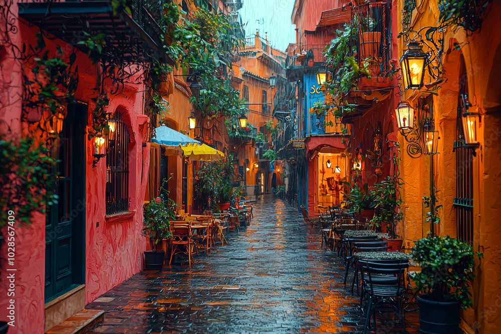 Fototapeta premium A bustling, colorful city scene next to a dark, empty alley represents the divide between public excitement and private loneliness. Concept of emotions in contrast.