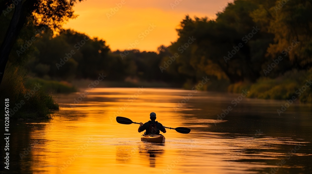 A lone kayaker paddles down a river at sunset. A lone kayaker paddles down a river at sunset.