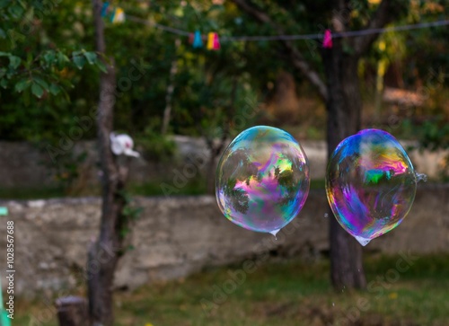 Two colorful soap bubbles floating in a garden with trees and a blurred background