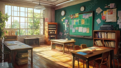 A Sunny Classroom with Desks, a Bookshelf, and a Green Chalkboard