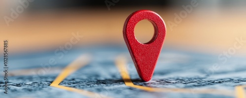 A vibrant red location pin stands out against a detailed map, symbolizing navigation and travel exploration. photo