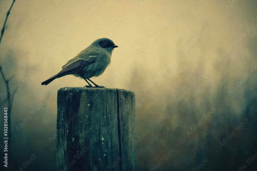 Fototapeta premium A Small Bird Perched upon a Wooden Post