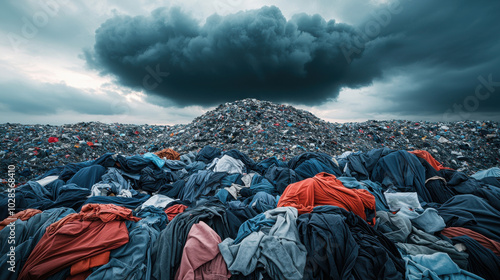 Pile of discarded clothes under ominous sky, highlighting waste and pollution concerns. photo