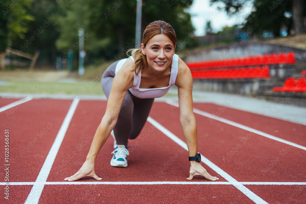 Obraz premium Female Athlete Preparing for a Sprint on a Red Running Track