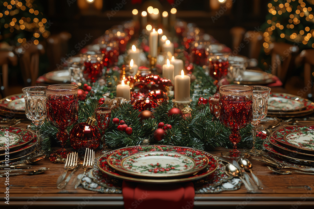 A beautifully decorated table set for a Christmas feast, with candles and festive place settings, brings a sense of elegance and holiday celebration. Concept of holiday spirit. A beautifully decorated table set for a Christmas feast, with candles and festive place settings, brings a sense of elegance and holiday celebration. Concept of holiday spirit.