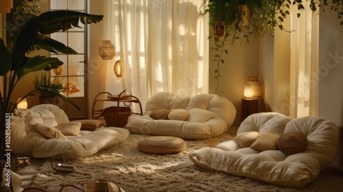 Cozy Indoor Lounge with Soft Cushions and Natural Light
