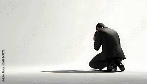 A 3D businessman kneeling in prayer, rendered against a white background  