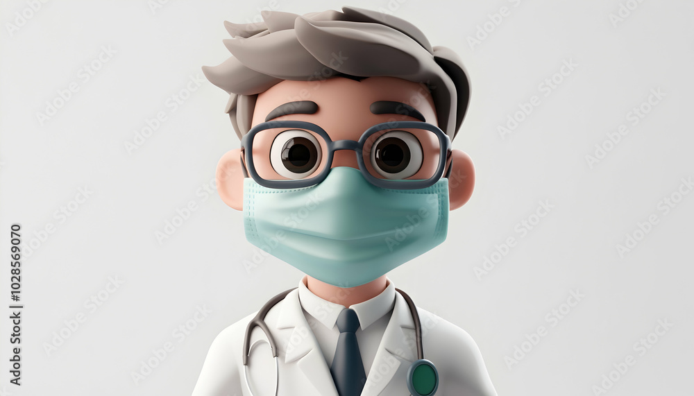 A 3D cartoon character portraying a doctor, complete with a mask, glasses, and a medical coat, designed as a modern concept A 3D cartoon character portraying a doctor, complete with a mask, glasses, and a medical coat, designed as a modern concept