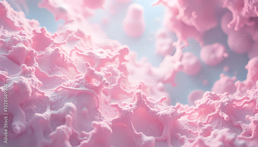 Microscopic View of Collagen Powder: Intricate Lace-like Structures Transforming into Rejuvenated Skin Cells in a Surreal Pastel-Hued Landscape Microscopic View of Collagen Powder: Intricate Lace-like Structures Transforming into Rejuvenated Skin Cells in a Surreal Pastel-Hued Landscape