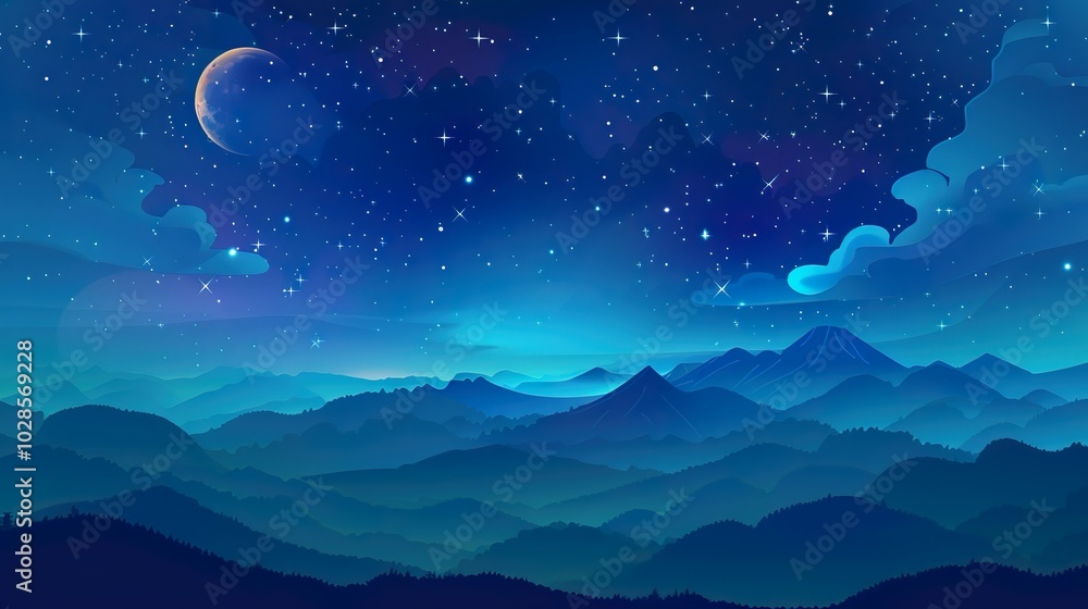 Obraz premium Starry night sky, mountains landscape, magic fields. Dark moon, backdrop with star galaxy, sparkle universe.