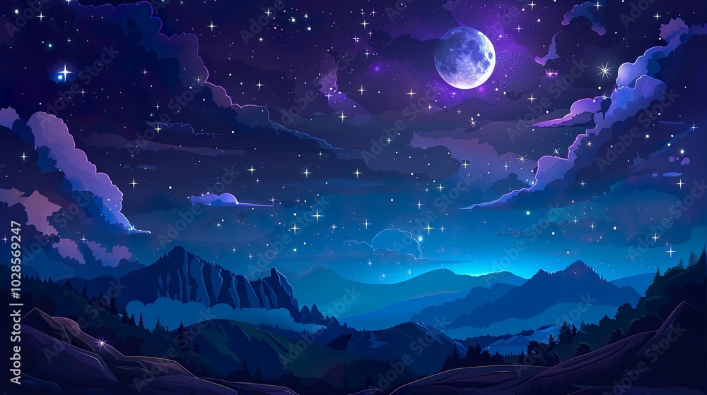Starry night sky, mountains landscape, magic fields. Dark moon, backdrop with star galaxy, sparkle universe. Starry night sky, mountains landscape, magic fields. Dark moon, backdrop with star galaxy, sparkle universe.