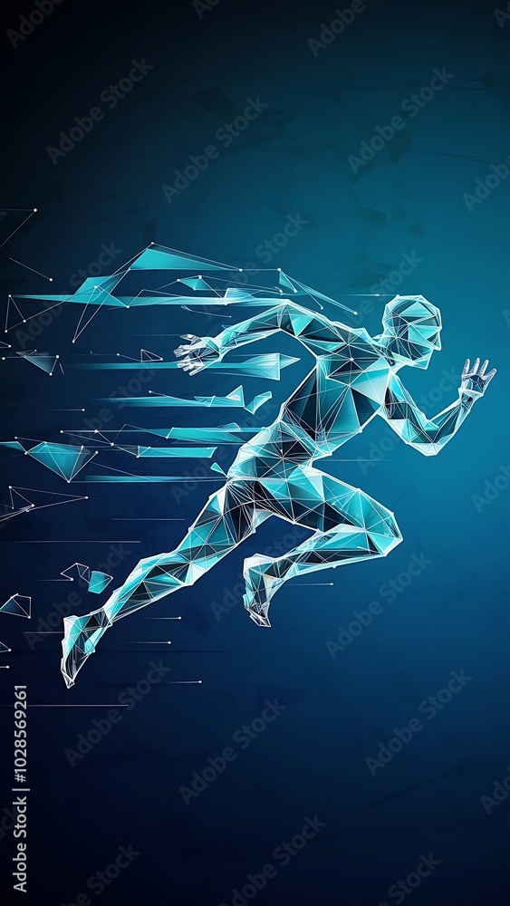 Fototapeta premium Abstract running man form lines and triangles, point connecting network on blue background. Illustration vector