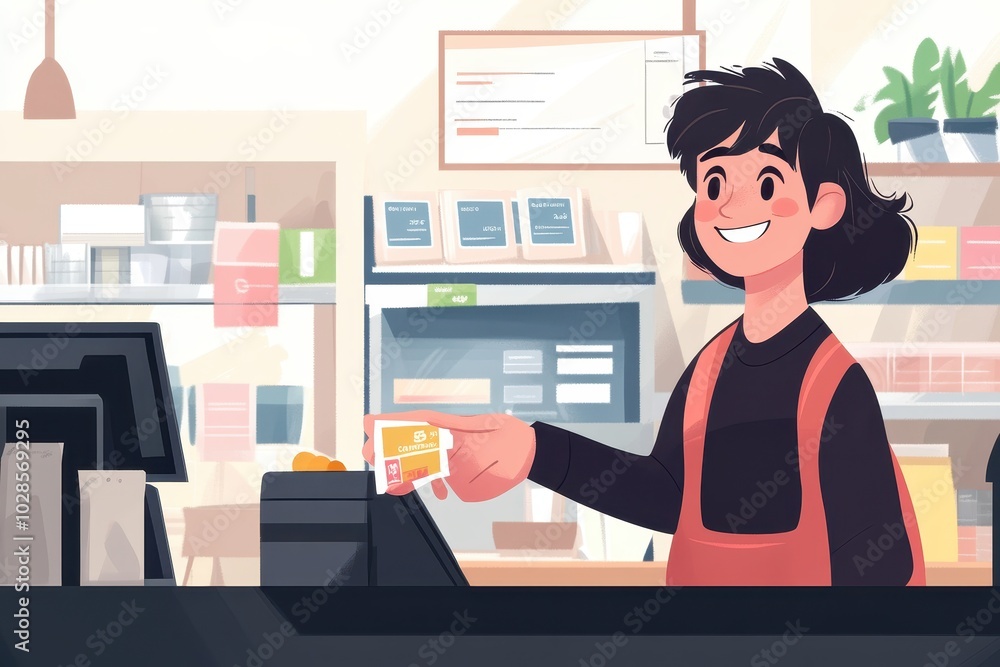 Cashier Applying Coupon: A smiling cashier scanning a coupon at checkout, with a screen showing the applied discount and happy customer. Cashier Applying Coupon: A smiling cashier scanning a coupon at checkout, with a screen showing the applied discount and happy customer.