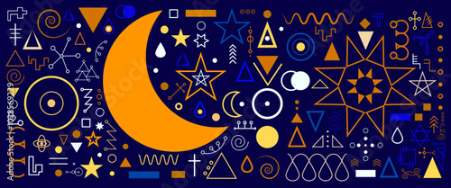 A set of aesthetic and modern Astrology minimalistic linear illustrations of the sun, moon, stars, geometric elements